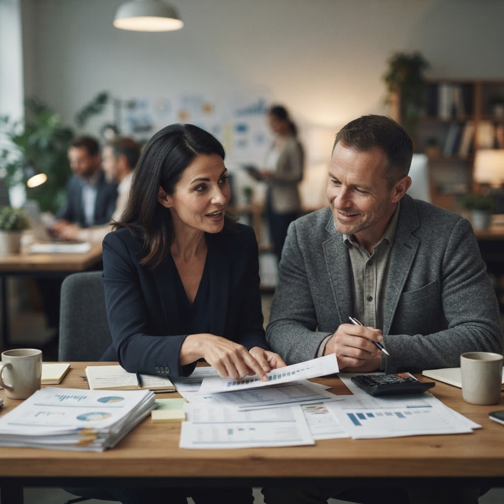 Two Capnora advisors reviewing documents together at a desk