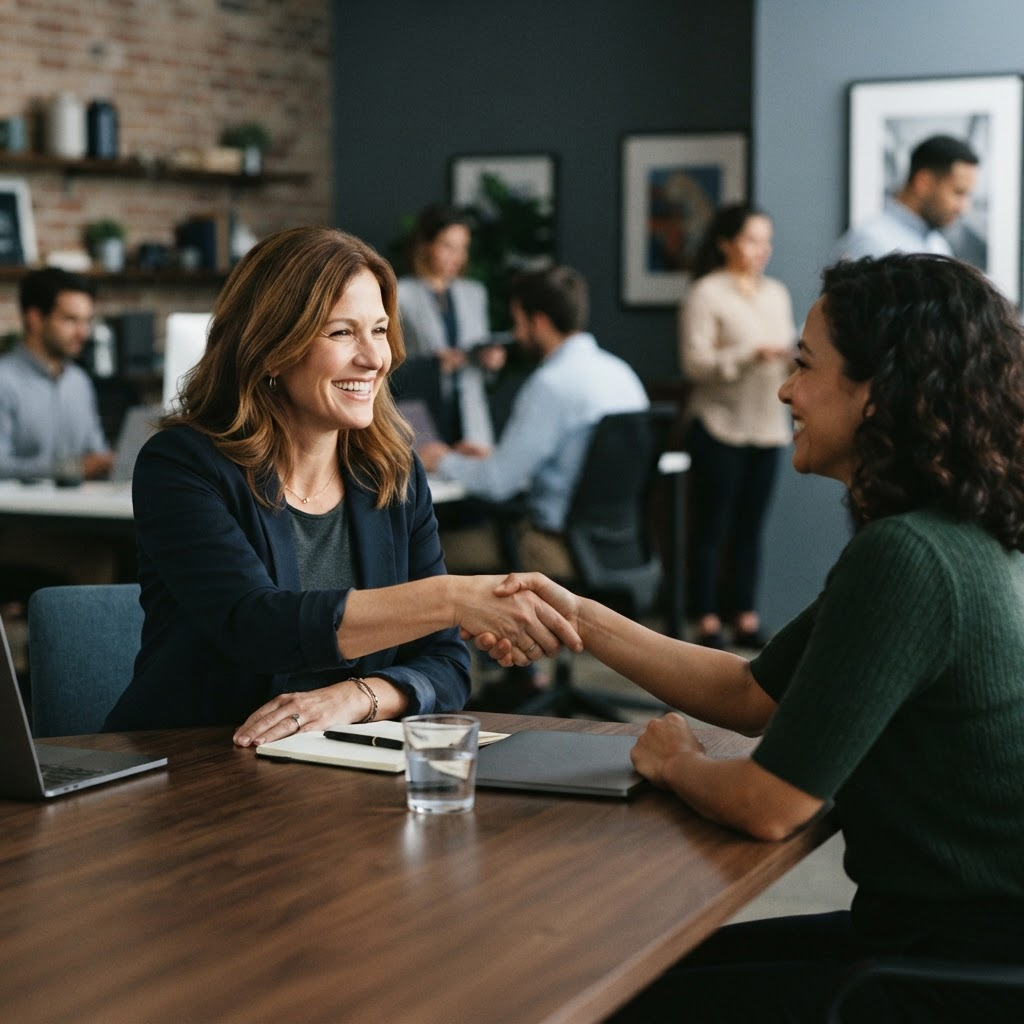 A Capnora advisor warmly greeting a small-business client